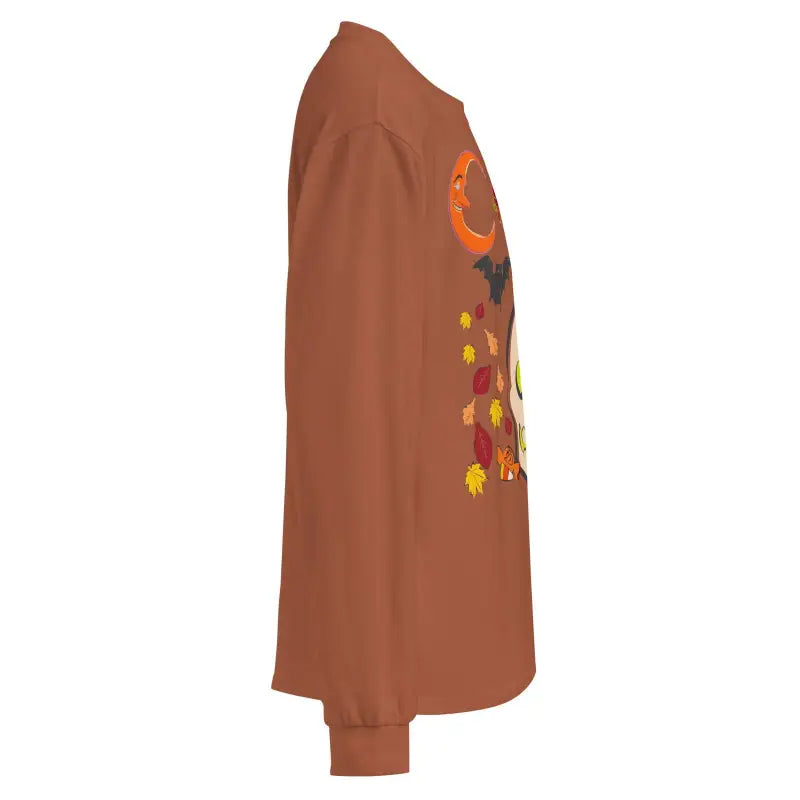 Brown long-sleeved shirt with autumn owl and skull design for Halloween celebrations