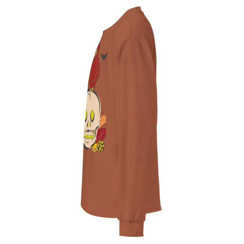 Brown sweatshirt featuring a skull and floral design, perfect for Halloween enthusiasts