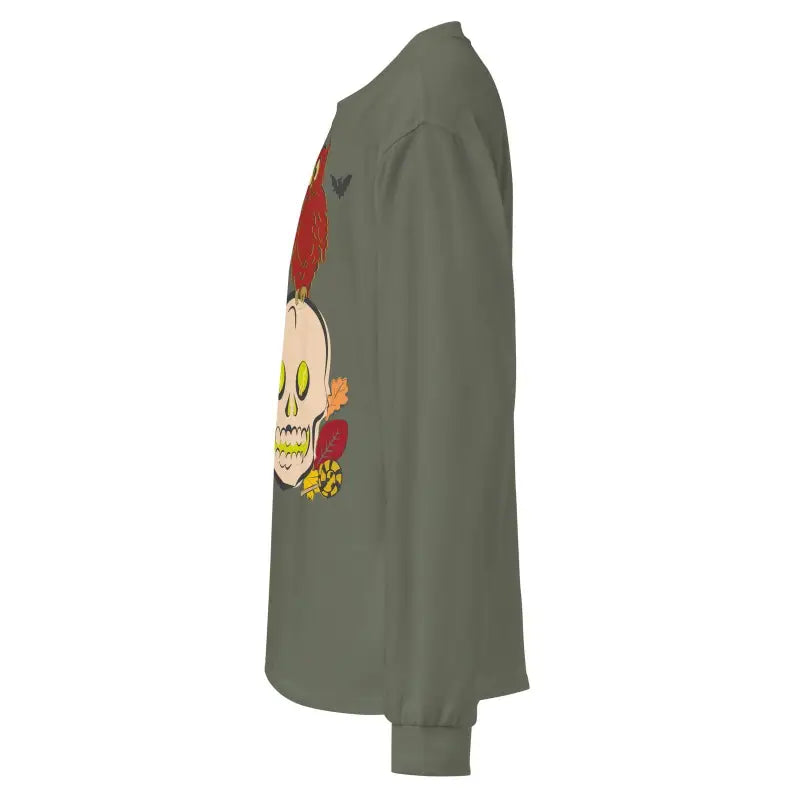 Olive green sweatshirt featuring a skull and red mohawk design for Halloween style