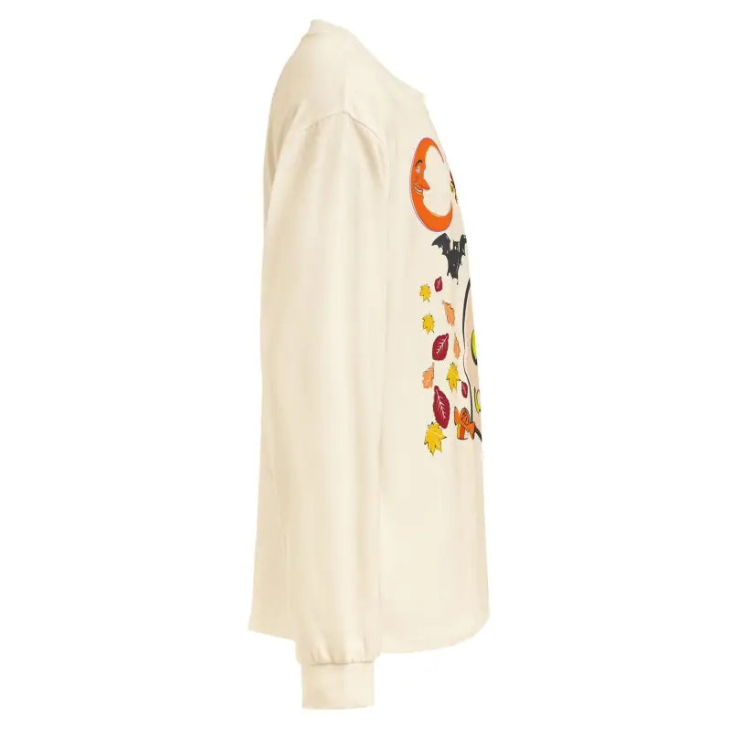 Cream long-sleeve shirt featuring colorful Halloween owl and skull graphics