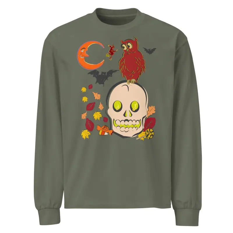 Olive green Halloween sweatshirt with owl, skull, bats, and autumn leaves design