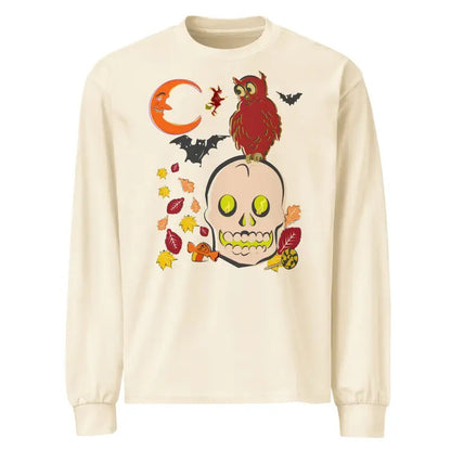 Cream-colored sweatshirt with a Halloween skull, owl, bats, moon, and fall leaves design