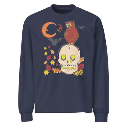 Navy blue Halloween sweatshirt with owl on skull design, surrounded by leaves and bats