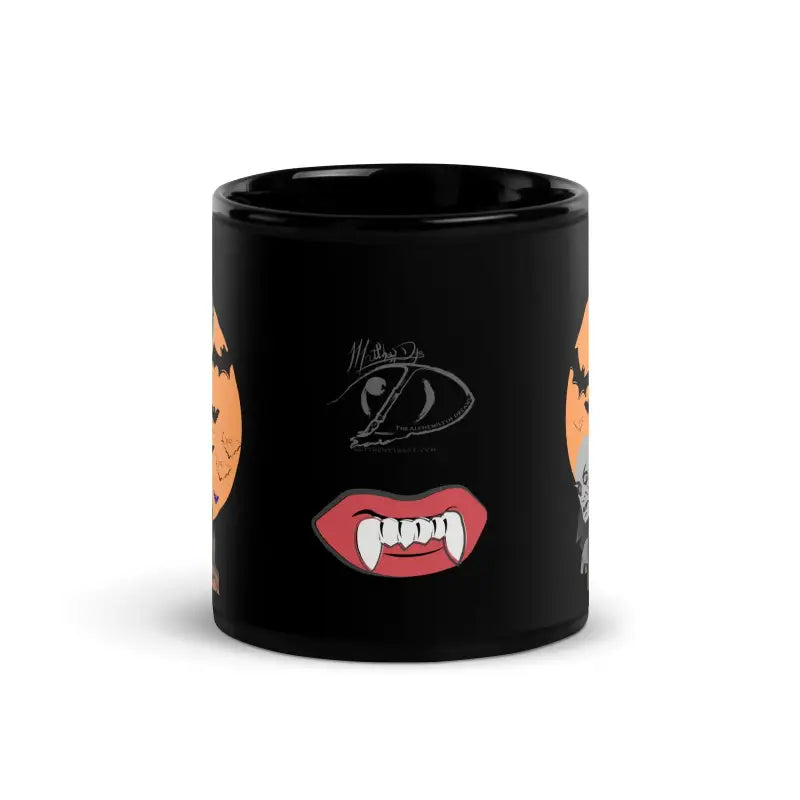 Black ceramic mug with vampire fangs and orange designs by Matthew Dye Art