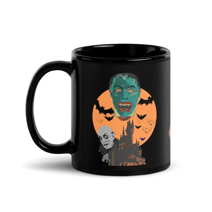 Black coffee mug with Halloween design by Matthew Dye featuring zombies and bats