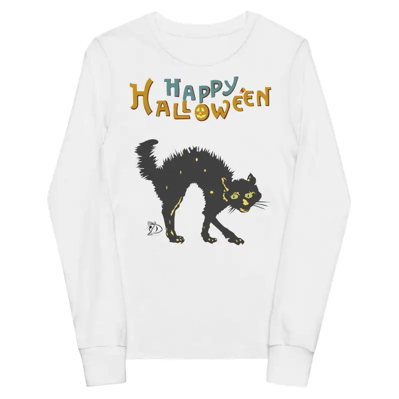 White youth long sleeve sweatshirt with black cat and Happy Halloween design