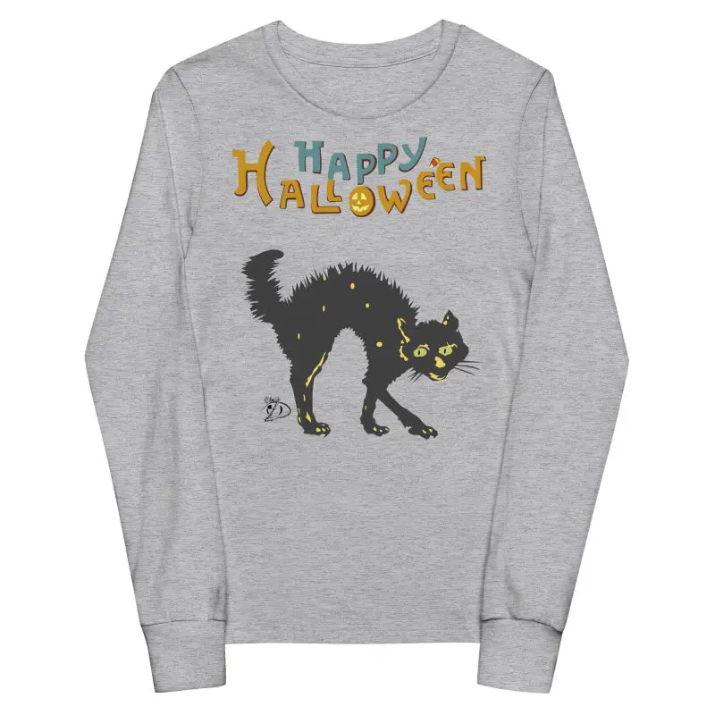 Grey Halloween youth long sleeve tee featuring a scary cat design and Happy Halloween text