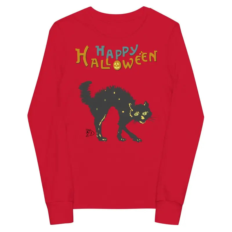 Youth long sleeve red sweatshirt featuring a black Halloween cat and colorful Happy Halloween text