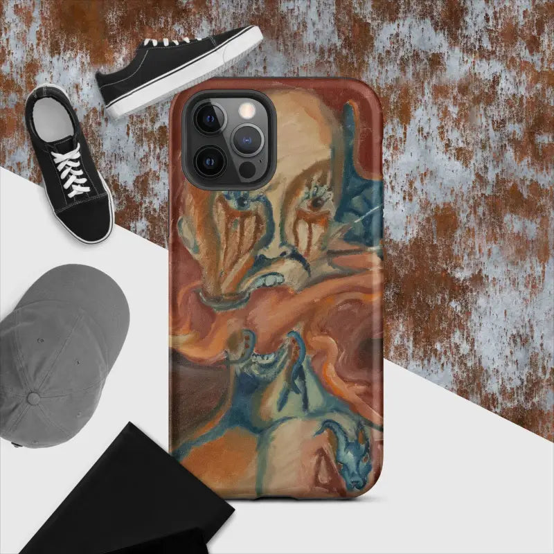 Phone case featuring a swirling orange and blue marble pattern, Haunted Tough Case design