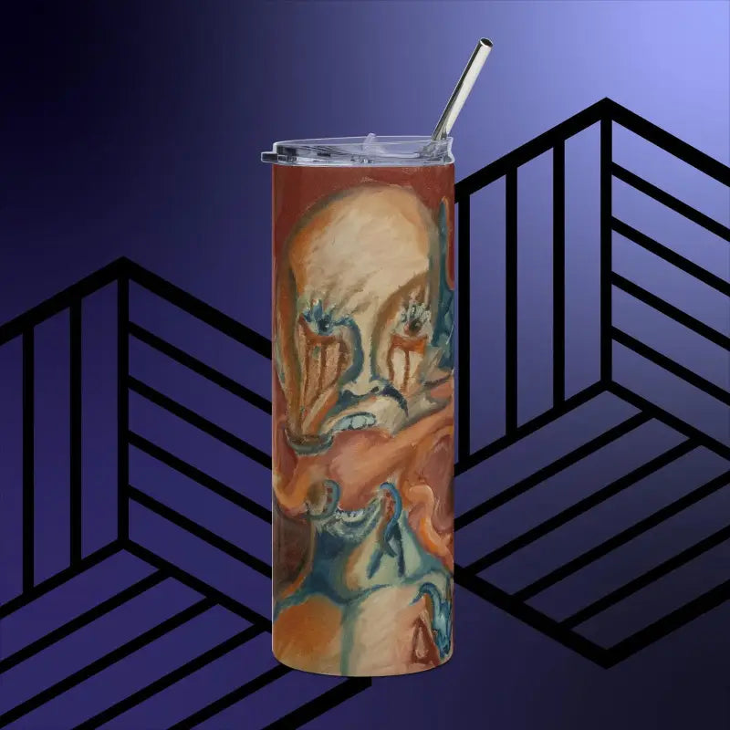 Tall stainless steel tumbler by Matthew Dye with swirled orange and teal design