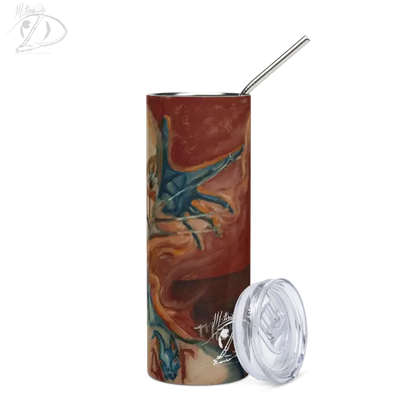 Marbled brown and teal stainless steel tumbler by Matthew Dye with clear lid and straw