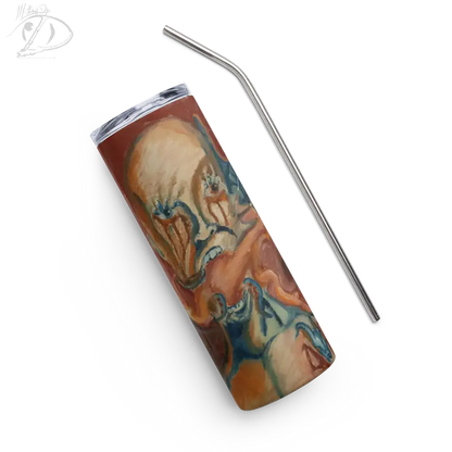 Stainless steel tumbler featuring swirled brown, beige, and blue pattern by Matthew Dye