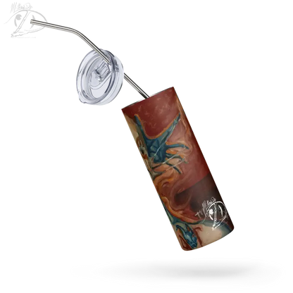 Stainless steel tumbler with brown and teal marbled design, showcasing Matthew Dye’s haunted stainless steel aesthetic