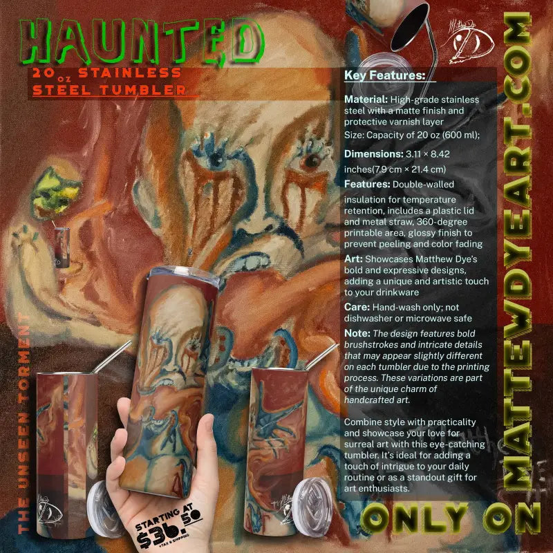 Haunted stainless steel tumbler with Halloween artwork by Matthew Dye