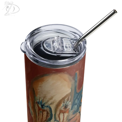 Insulated stainless steel tumbler by Matthew Dye featuring a brown and blue artistic design