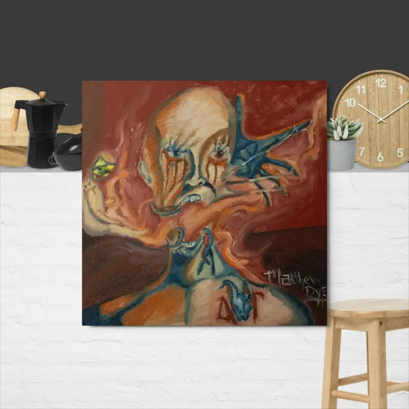 Abstract art featuring swirling blue figures on a reddish-orange background in a metal print