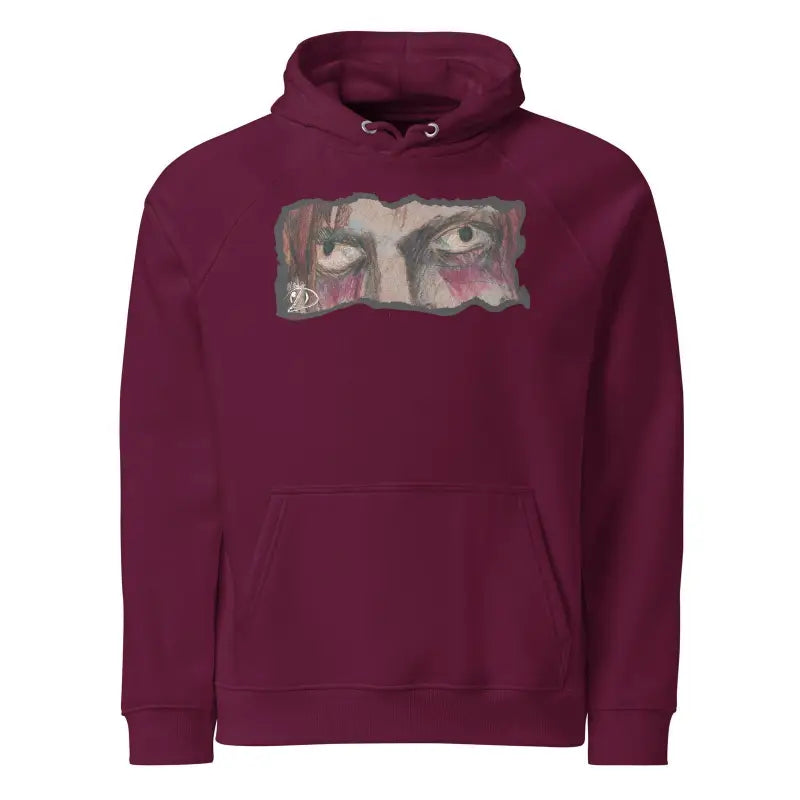 Burgundy eco raglan hoodie featuring eye graphic, embodying singular fashion rule