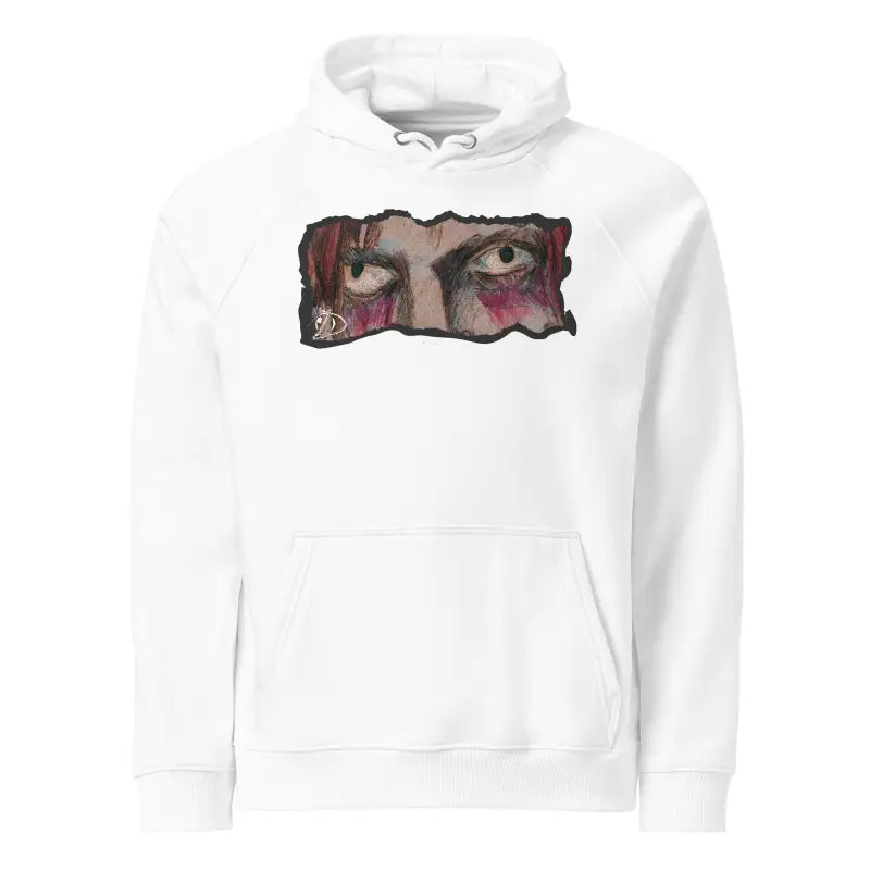 White unisex eco raglan hoodie featuring an artistic eye design for unique style