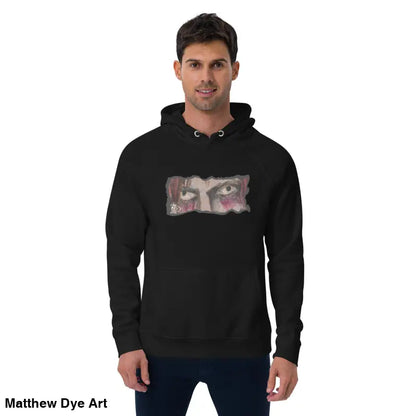 Black hoodie featuring an eye graphic, perfect as an Eco Raglan Hoodie for singular fashion rule
