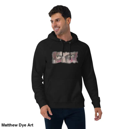 Black hoodie with eye graphic, ideal for singular fashion rule, eco raglan style