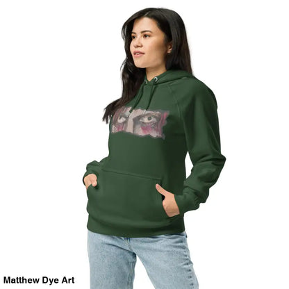 Green eco raglan hoodie with eye graphic from Haunted Gaze unisex fashion collection