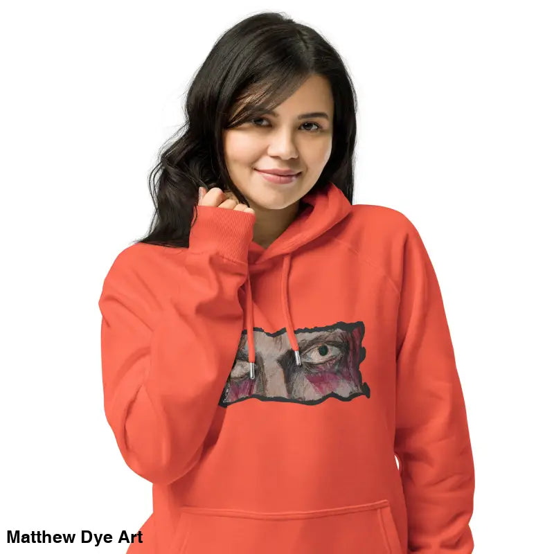 Orange eco raglan hoodie featuring an eye graphic for unique unisex fashion