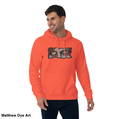 Orange Haunted Gaze Unisex Hoodie featuring eye graphic in eco raglan style