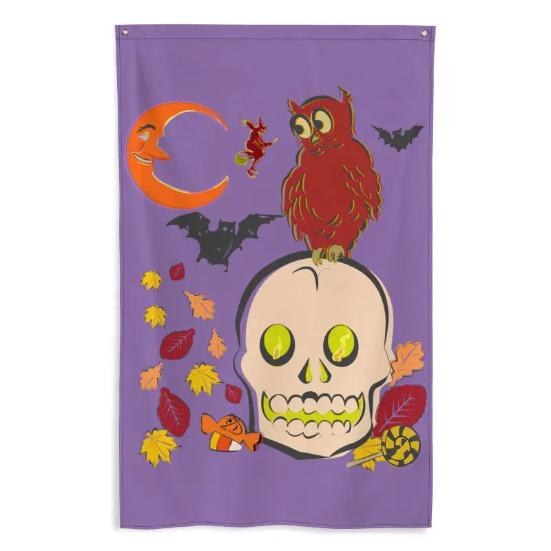 Product Image: A Halloween wall flag featuring a red owl on a glowing skull, with bats, a crescent moon, and autumn leaves.
Close-Up Detail: Durable polyester fabric texture, showcasing crisp, fade-resistant Halloween artwork.
Lifestyle Image (if applicable): The Witching Hour Watcher wall flag hanging in a dimly lit, Halloween-decorated room.