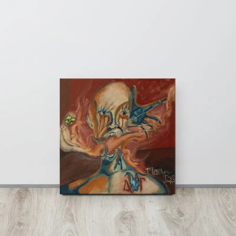 Abstract haunted painting showcasing swirling blue and orange forms with eerie elegance