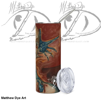 Marbled brown and teal Haunted Stainless Steel Tumbler by Matthew Dye, exuding enigmatic allure