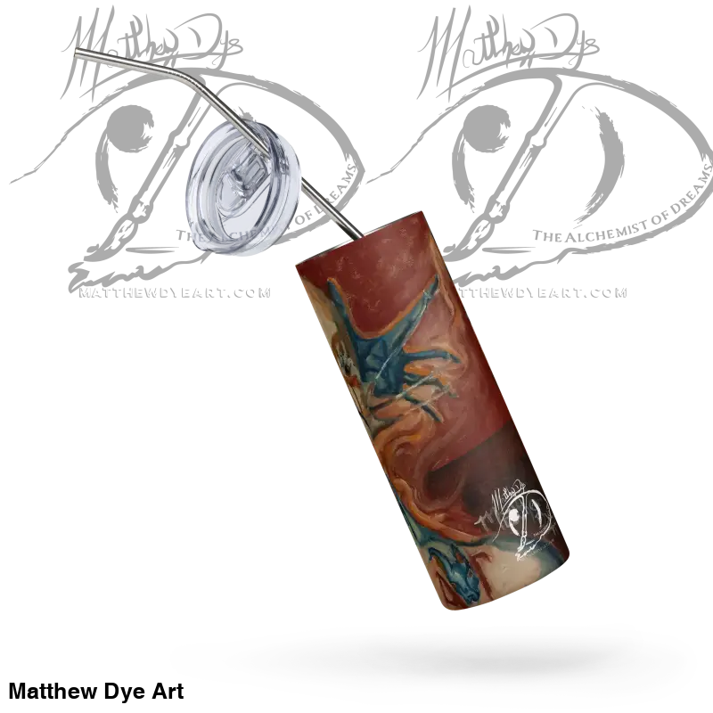 Stainless steel tumbler with brown and teal marbled design, showcasing Matthew Dye’s haunted stainless steel aesthetic