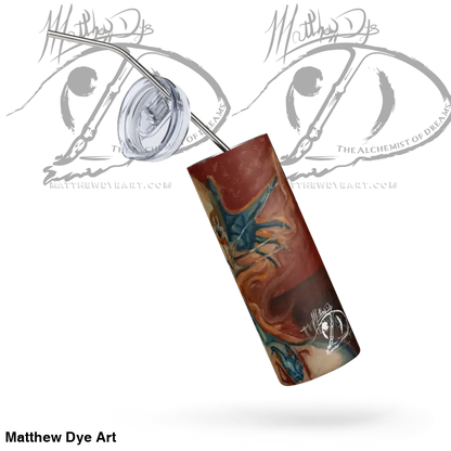 Stainless steel tumbler with brown and teal marbled design, showcasing Matthew Dye’s haunted stainless steel aesthetic
