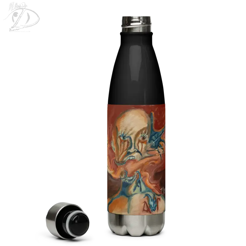 Stainless steel water bottle featuring an artistic orange and blue swirl design