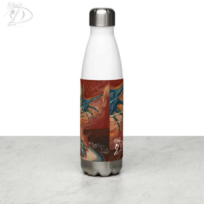 Artistic brown and blue design adorns a stainless steel water bottle for Haunted Strength