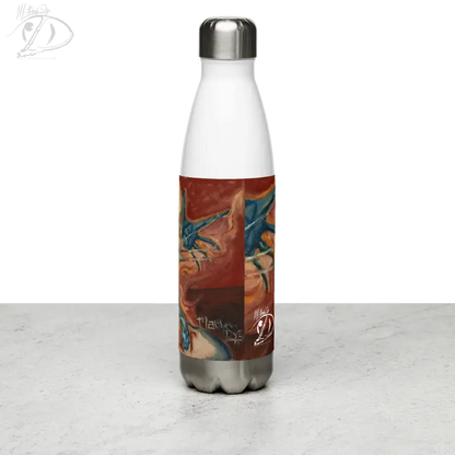 Artistic brown and blue design adorns a stainless steel water bottle for Haunted Strength