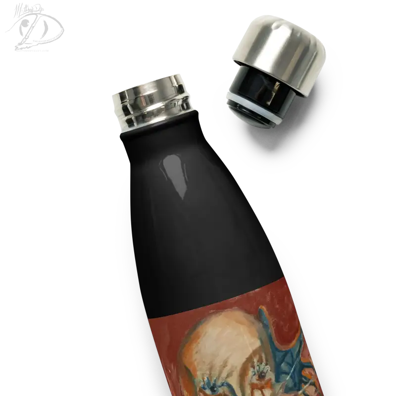 Black stainless steel water bottle featuring decorative artwork for stylish hydration