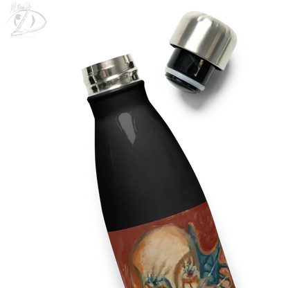 Black stainless steel water bottle featuring decorative artwork for stylish hydration