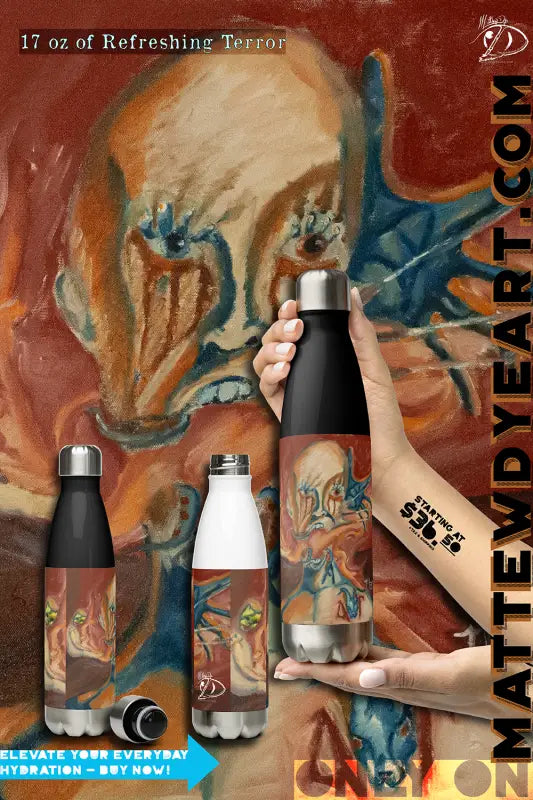 Artistic Steel Water Bottles featuring blue and orange designs for stylish hydration