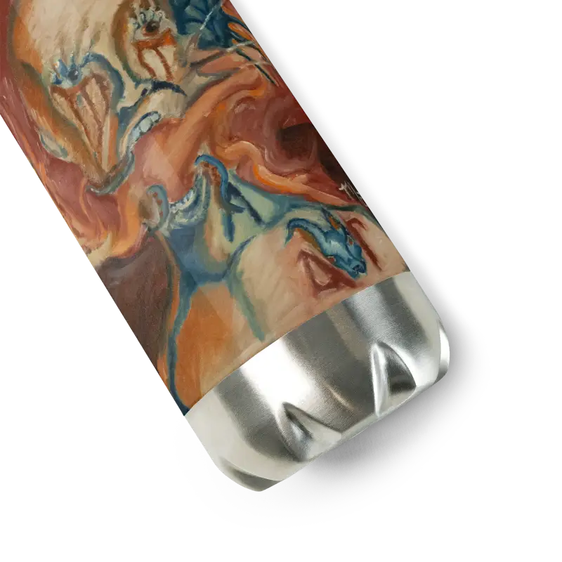 Marbled steel water bottle with orange, blue, and brown patterns on a metallic base