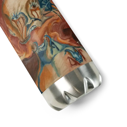 Marbled steel water bottle with orange, blue, and brown patterns on a metallic base