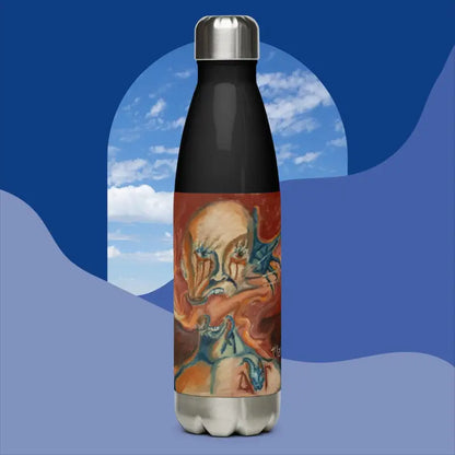 Black stainless steel water bottle with colorful artistic design for stylish hydration