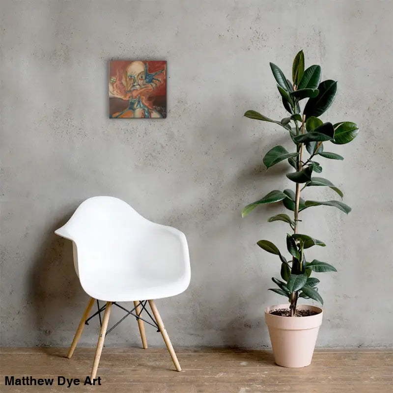 Modern white molded plastic armchair with wooden dowel legs near Haunted Canvas Print