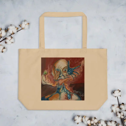 Beige canvas tote bag with blue and orange abstract design, Haunted Whispers Organic Cotton