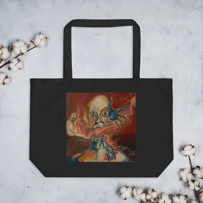 Black tote bag with surreal blue and orange artwork, featuring Haunted Whispers design in organic cotton