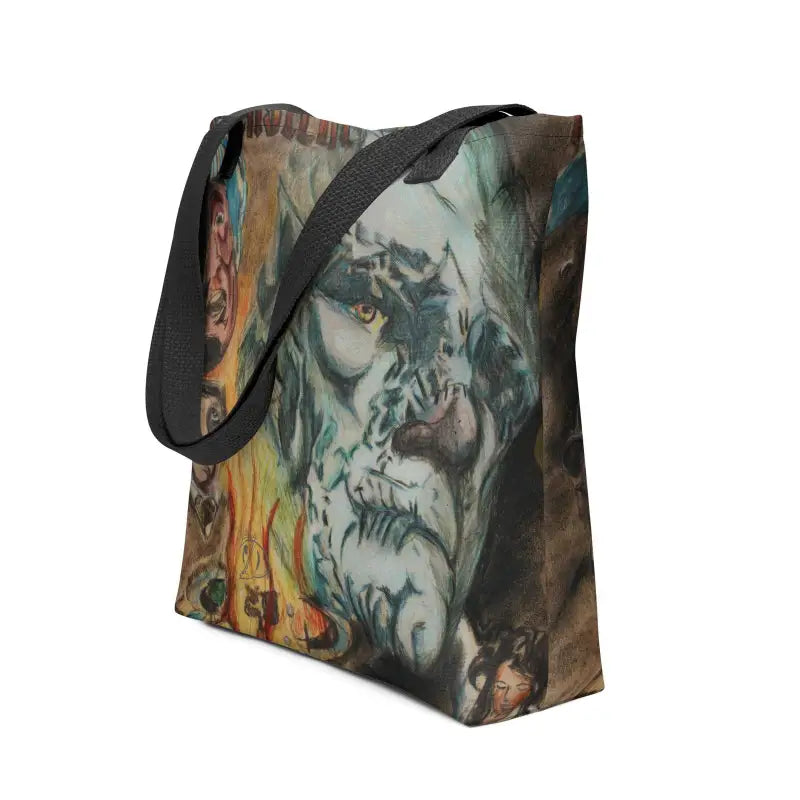 Artistic tote bag featuring green tones, perfect for a reusable trick-or-treat bag this Halloween