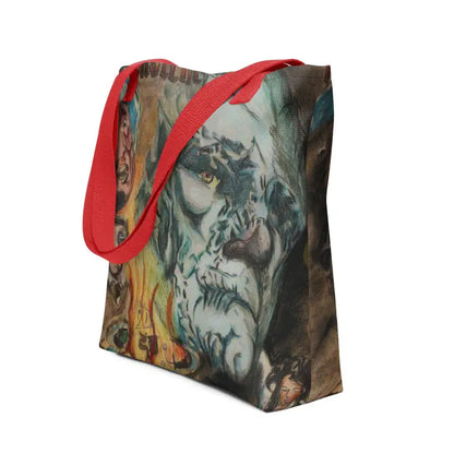 Tote bag featuring artistic portrait design and red straps for a reusable trick-or-treat bag