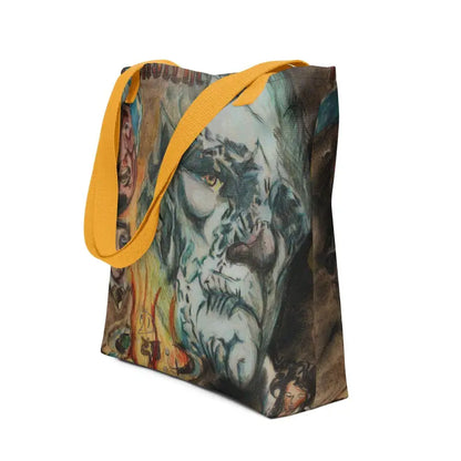 Tote bag featuring artistic portrait design and yellow straps, ideal reusable trick-or-treat bag