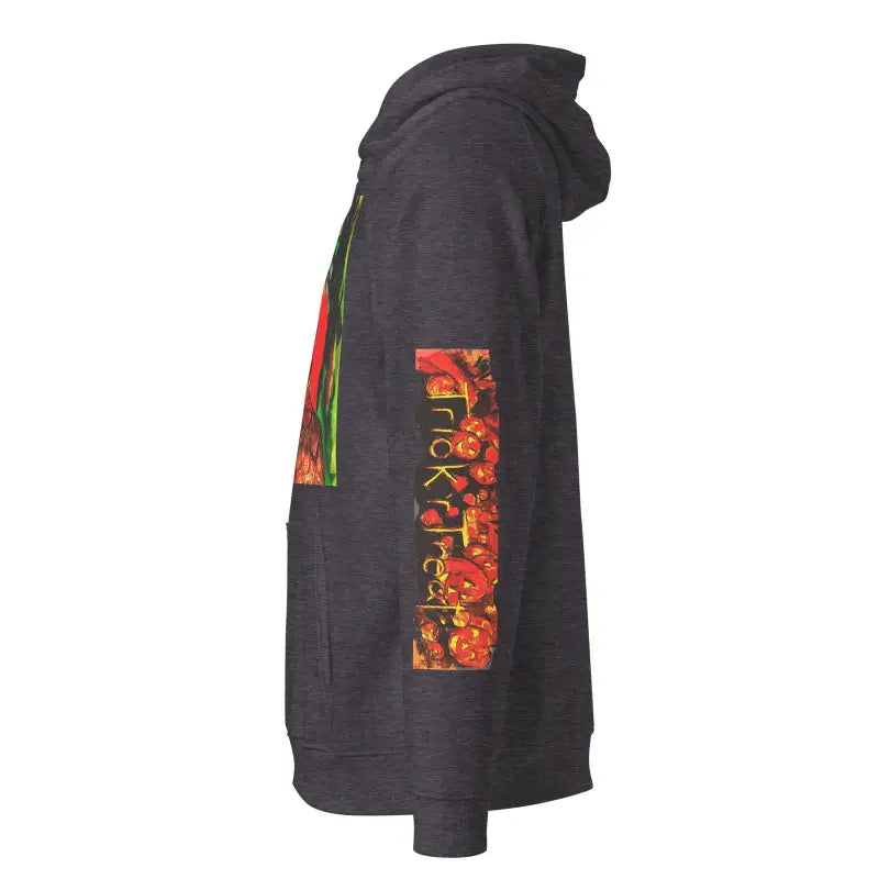 Black hoodie sweatshirt with floral text design showcasing Matthew Dye art for Halloween