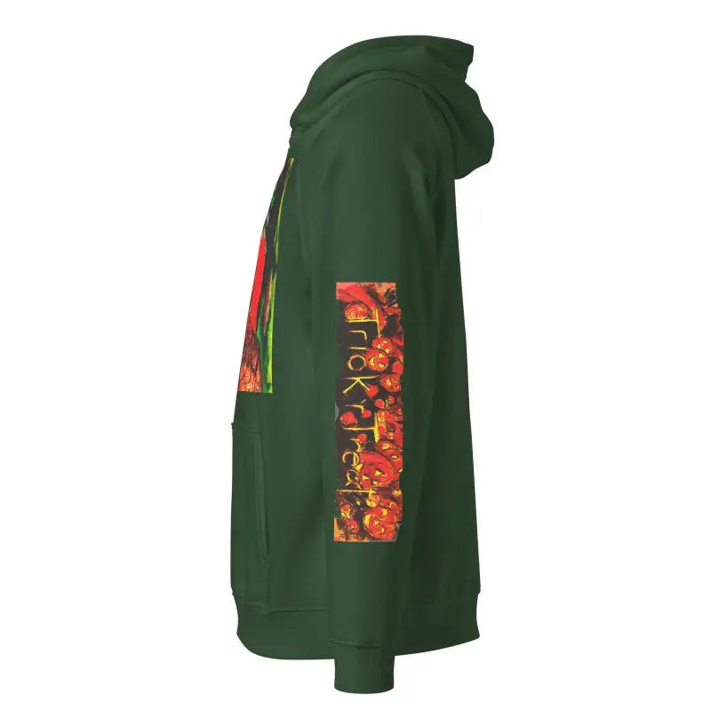 Dark green hooded sweatshirt with red floral accents, Matthew Dye Art design for Halloween