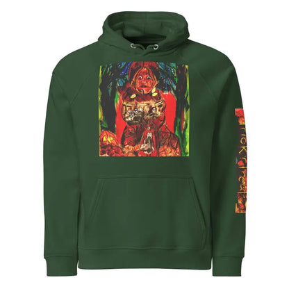 Forest green hoodie featuring Matthew Dye art graphic design for Halloween charm